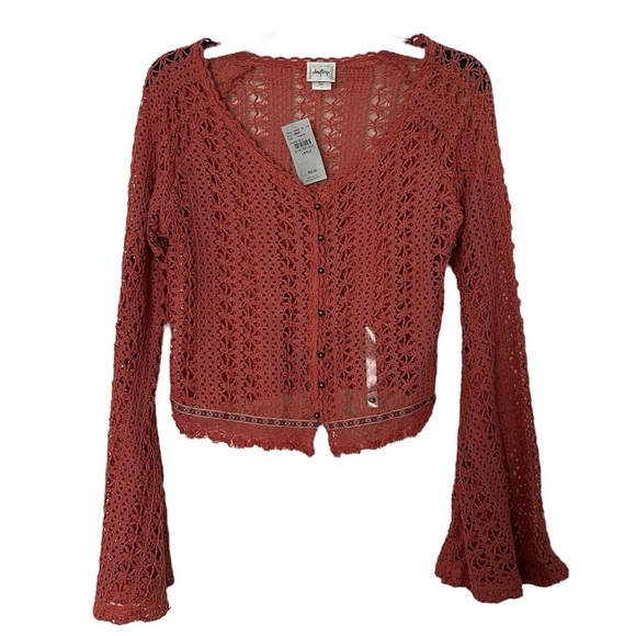 Day Trip Cardigan Loose Knit Rust Crochet Y2K Bell Sleeves NWT Size L - Picture 1 of 13